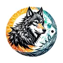 Norse Maori style, Skoll and Hati wolves chasing sun and moon, geometric Polynesian patterns, Yggdrasil with taiaha trun tattoo design idea