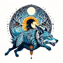 Norse Maori style, Skoll and Hati wolves chasing sun and moon, geometric Polynesian patterns, Yggdrasil with taiaha trun tattoo design idea