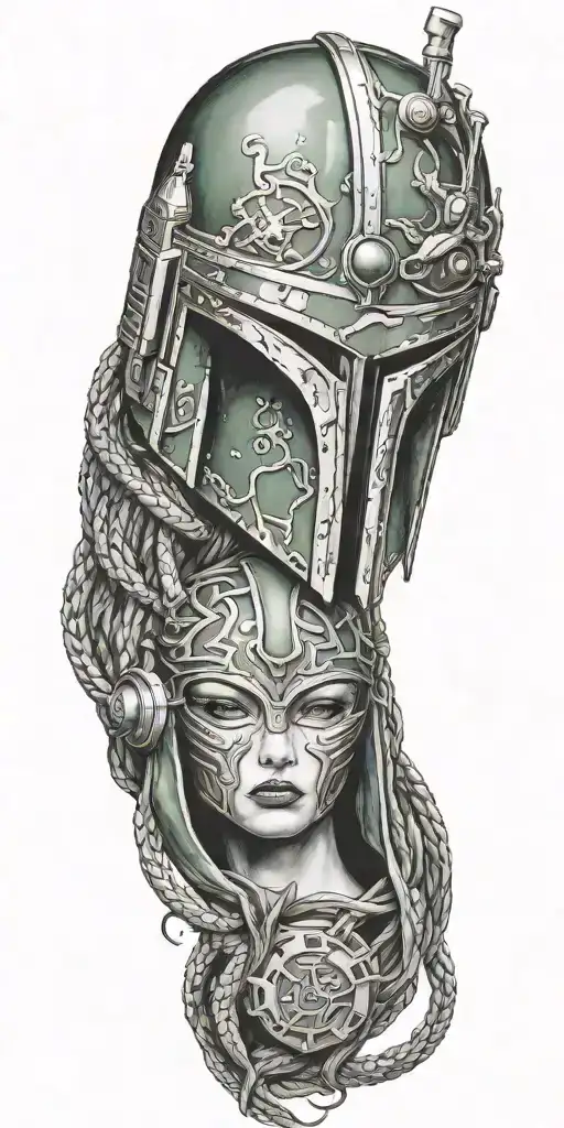 Medusa intertwined with boba Fett helmet  tattoo design idea
