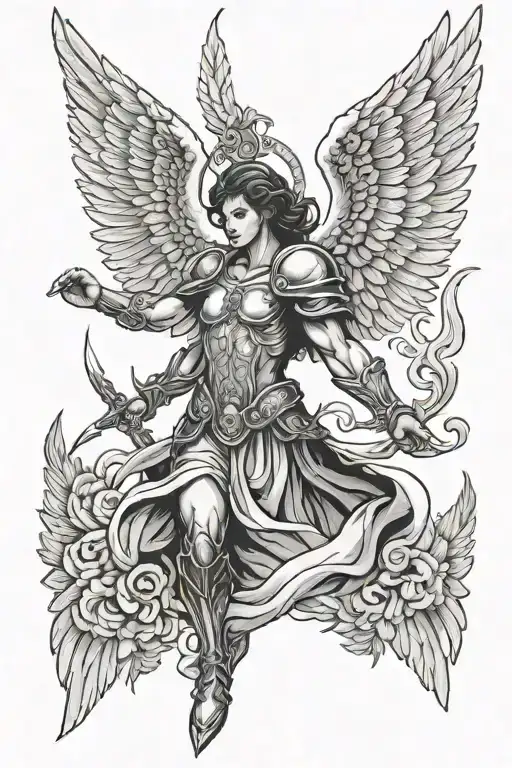 Warrior Angel wings spread wings looking tattoo design idea