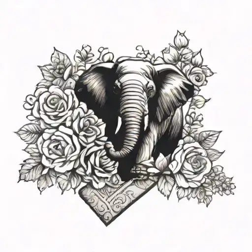 A chocolate bar morphing into a blooming flower bouquet, with an elephant silhouette in the background tattoo design idea