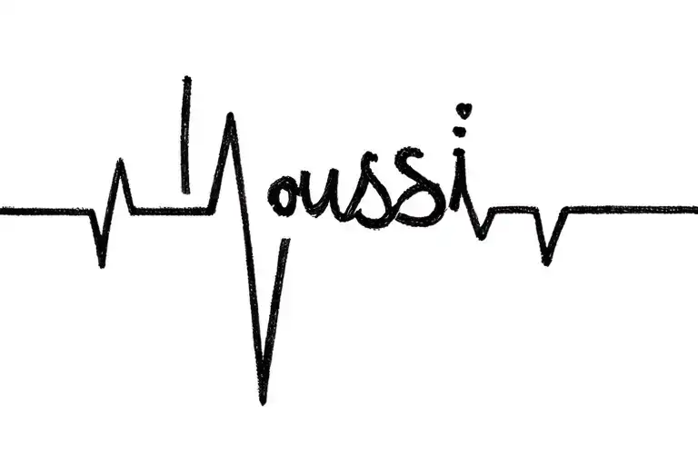 "Chase Maso 20.09.65 " "Youssi 20.09.65 - 14.02.25" "Youssi" heartbeat line with name incorporated tattoo design idea