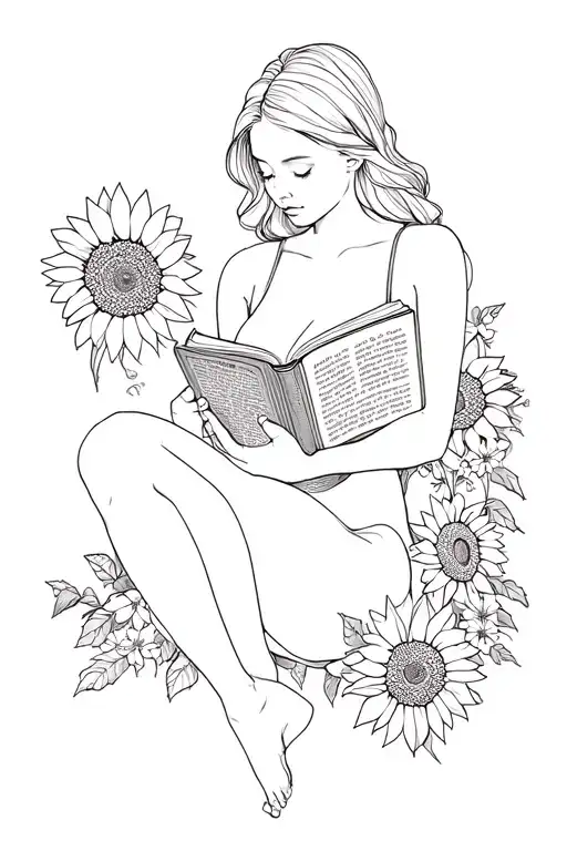 line drawing woman holding book - no distinct features, with her legs crossed hold a book with sunflowers&forgetmenots tattoo design idea