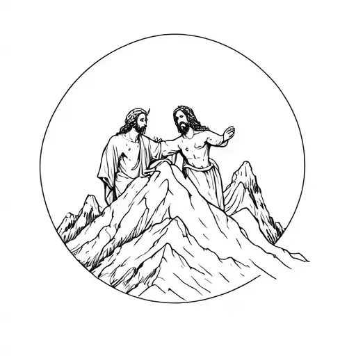 Jesus temptation with devil on mountain scene tattoo design idea