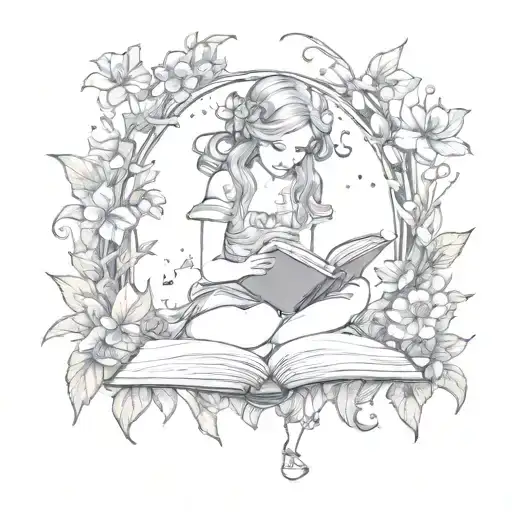 fairy reading book surrounded by bold floral tattoo design idea