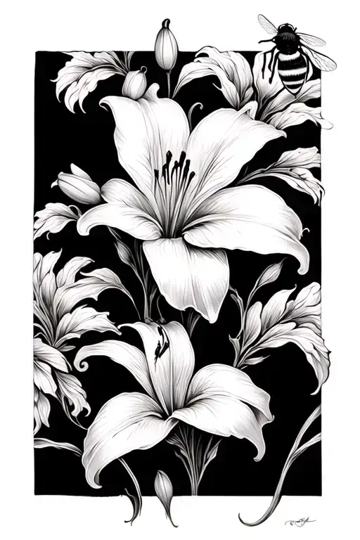 lily flower and bee tattoo design idea