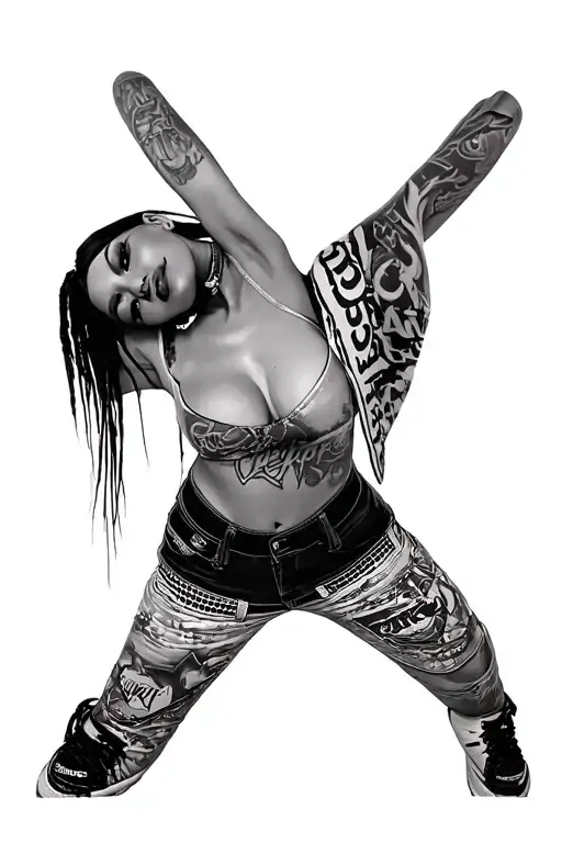 A very sexy girl with big round silicone tits, dressed in hip-hop, compton, geto, lowrider cars, graffiti, nike air jord tattoo design idea