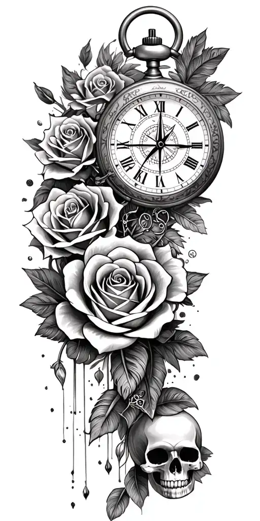 pocket watch, roses, compass, with 3 children birth dates and time, skull, feather tattoo design idea