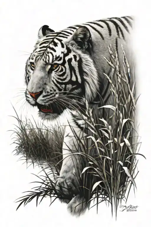 white tiger stepping foward through tall grass field looking on tattoo design idea
