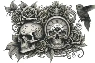 Skull created using flowers Mouth open with souls in a line going in. Skull is held by a clock work owl  tattoo design idea