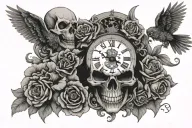 Skull created using flowers Mouth open with souls in a line going in. Skull is held by a clock work owl  tattoo design idea