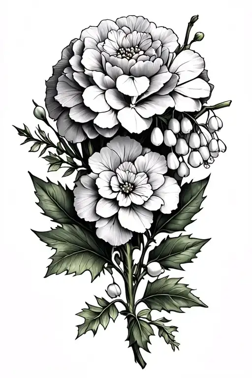 one hydrangea, one marigold, one lily of the valley branch, one daffodil, one holly branch, and ash leaves tattoo design idea