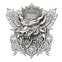 Angry Boar head with a sword and wings wearing a crown with a Celtic trinity knot pattern tattoo design idea