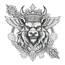 Angry Boar head with a sword and wings wearing a crown with a Celtic trinity knot pattern tattoo design idea