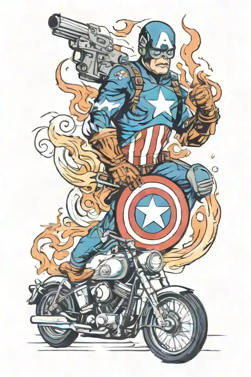 a sleeve with a motorcycle captain america shield welding gun flames and skulls tattoo design idea