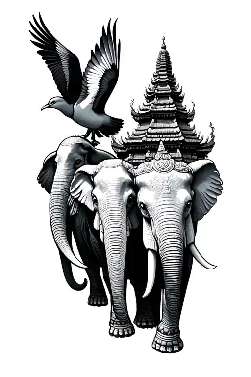 two doves with laos temple with elephants walking tattoo design idea