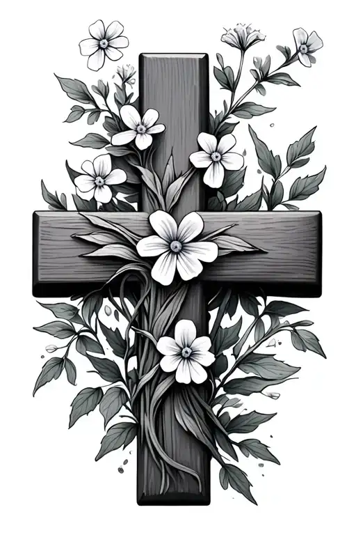a cross wrapped with tiny forget me not flowers tattoo design idea