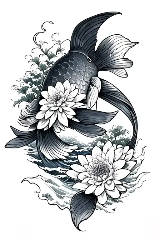 traditional Japanese carp with chrysanthemum, on hairdryer waves and rocks in Japanese style tattoo design idea
