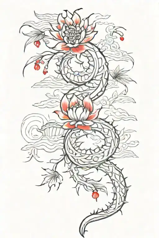 Spine tattoo with black and red ink. Incorporating Chinese and and Hawaiian. Dainty and simple tattoo design idea