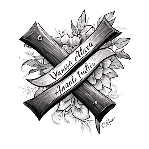 A cross with Vanessa Alexa Angelica and Felipe names Inside tattoo design idea