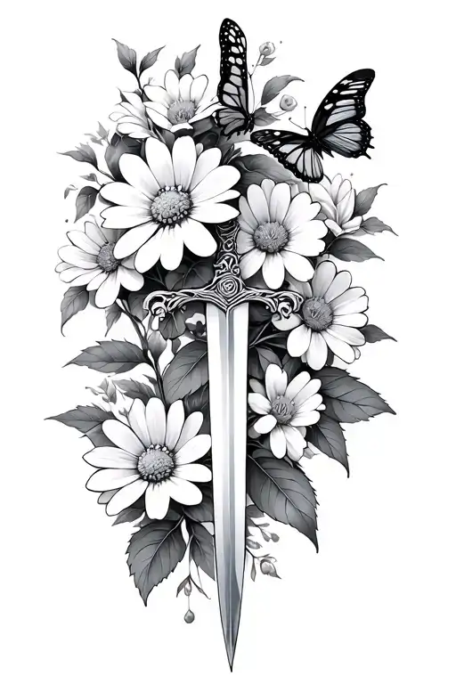 daisy and cherry blossom with butterfly and sword black and white tattoo design idea