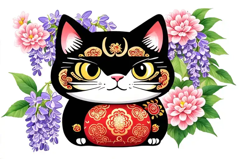 daruma cat with sakura, wisteria and chrysanthemum in the background tattoo design idea