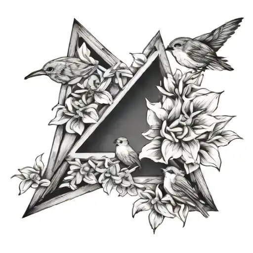 flowers in upside down triangle shape. maybe with a wren or other bird. lighter lines- realism sketch tattoo design idea