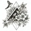 flowers in upside down triangle shape. maybe with a wren or other bird. lighter lines- realism sketch tattoo design idea