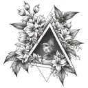 flowers in upside down triangle shape. maybe with a wren or other bird. lighter lines- realism sketch tattoo design idea