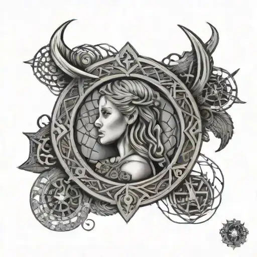 A Viking shield with intricate fishing net patterns and a portrait of your daughter in the center tattoo design idea