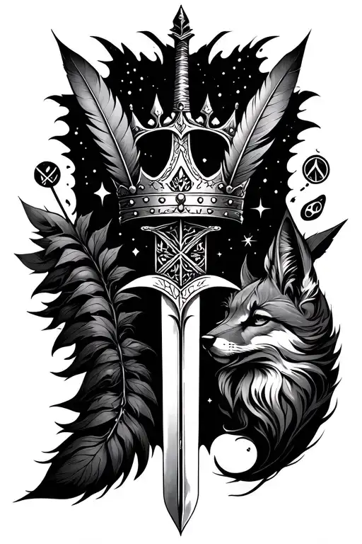 Broken Crown with quill, sword, elven leaf, fox tail and glyphs/constellations. tattoo design idea