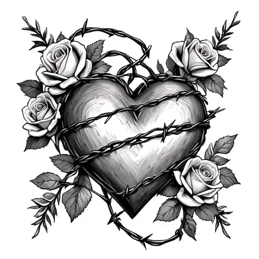A heart with barbed wire wrapped around it, surrounded by a wreath of roses in a black-grey style tattoo design idea
