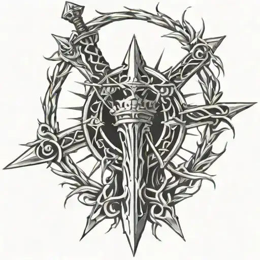 a flaming sword with crown of thorns intertwined tattoo design idea
