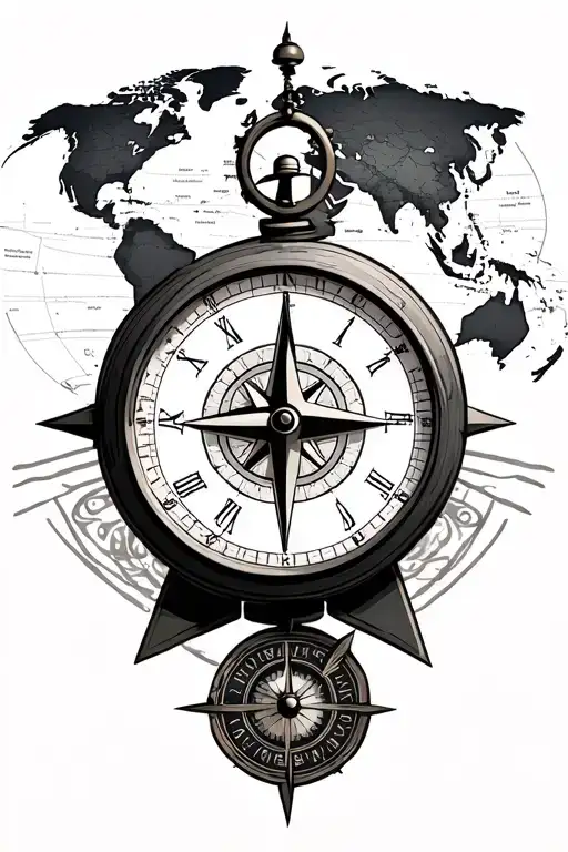 compass with a clock and world map leading tattoo design idea