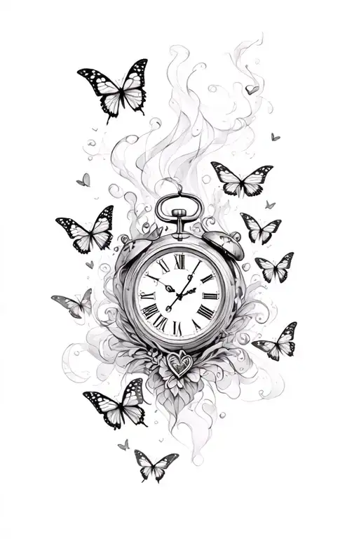 a sleeve tattoo with small butterflies one heart shaped clock and everything surrounded by smoke tattoo design idea