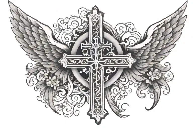 Christian back tattoo with a cross and praying hands and wings  tattoo design idea
