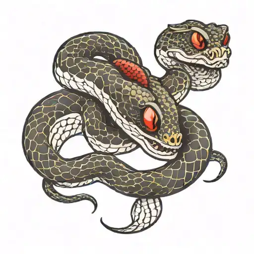 The big seven-headed snake with Black scales and shiny red eyes and narrow pupils have opened his mouth tattoo design idea