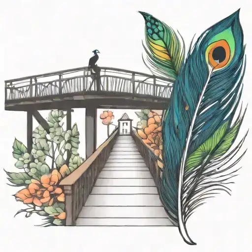 black and white wooden bridge with colorful peacock feather  tattoo design idea