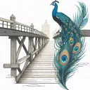 black and white wooden bridge with colorful peacock feather  tattoo design idea