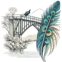 black and white wooden bridge with colorful peacock feather  tattoo design idea