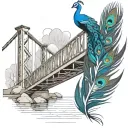 black and white wooden bridge with colorful peacock feather  tattoo design idea