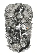 Tattoo design, outer thigh placement, powerful woman riding 2007 Triumph America motorcycle (exact to provided reference tattoo design idea