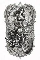 Tattoo design, outer thigh placement, powerful woman riding 2007 Triumph America motorcycle (exact to provided reference tattoo design idea
