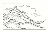 Ocean wave merging into a mountain range, merging into a flame trail, merging into a bunch of clouds as a single line tattoo design idea