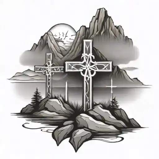 3 crosses with a mountain underneath tattoo design idea