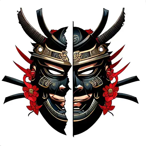 The mask of the samurai that is torn into 2 parts and in this gap you need to add a small part of the faces tattoo design idea