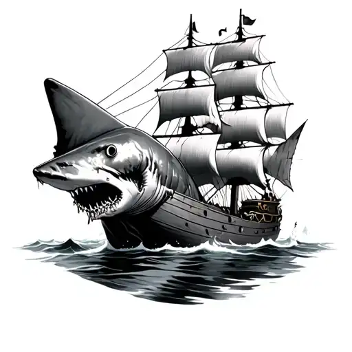 zombie shark under a tattered pirate ship sailing through water tattoo design idea