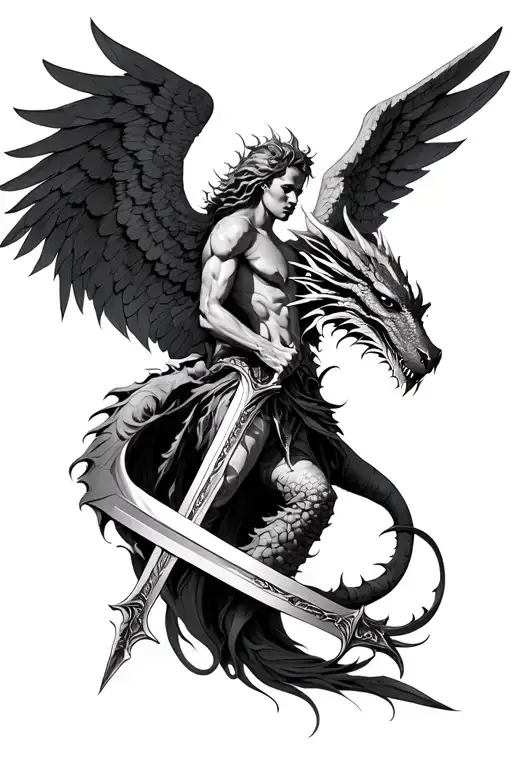 Full-sleeve tattoo, black & grey realism, shoulder to wrist. Top: archangel with wings out, sword down piercing dragon h tattoo design idea
