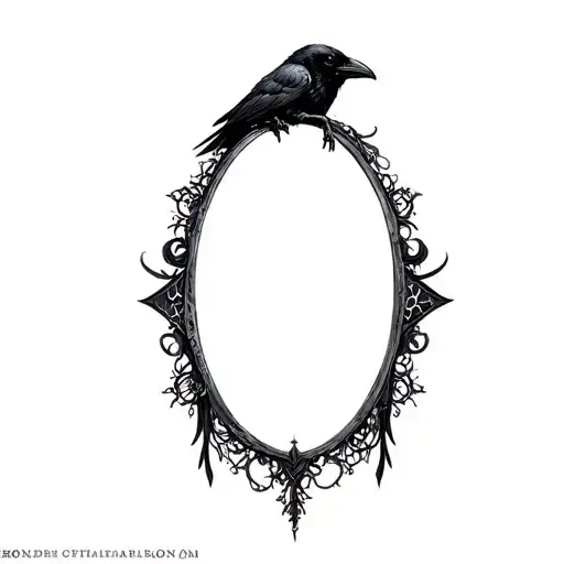 oval shaped gothic raven with black lace and arcane symbols incorporated tattoo design idea
