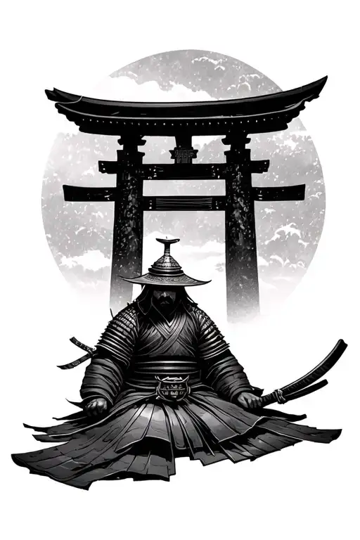 samurai resting infront of japanese gate tattoo design idea